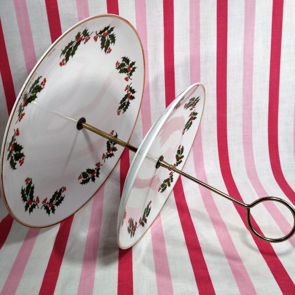 Lovely Mid Century Holly Berry 2 Tier Ceramic Plate Tid Bit Holiday Server Japan - Picture 9 of 13